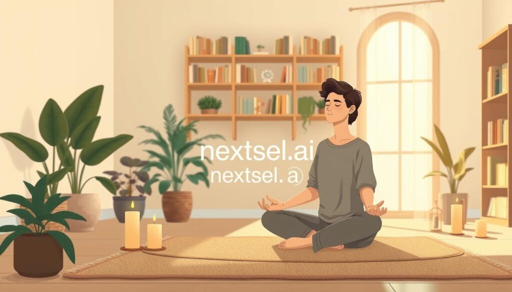 A serene and tranquil indoor setting designed to evoke self-reflection and awareness. In the foreground, a person in modest casual clothing sits cross-legged on a soft, neutral-toned rug, their eyes closed in meditation, exuding calmness. Surrounding them, plants and candles create a warm, inviting atmosphere, emphasizing connection to nature. In the middle ground, a large window lets in soft, diffused natural light, casting gentle shadows that enhance the feeling of peace. In the background, shelves filled with books on personal development and mindfulness are visible, representing knowledge. The mood is introspective and harmonious, encouraging viewers to embrace self-awareness practices. The overall composition is beautifully balanced, with rich earthy colors promoting a sense of grounding and tranquility. An elegant logo of "nextself.ai" subtly integrated into the scene enhances the theme of personal growth and self-discovery. A serene and tranquil indoor setting designed to evoke self-reflection and awareness. In the foreground, a person in modest casual clothing sits cross-legged on a soft, neutral-toned rug, their eyes closed in meditation, exuding calmness. Surrounding them, plants and candles create a warm, inviting atmosphere, emphasizing connection to nature. In the middle ground, a large window lets in soft, diffused natural light, casting gentle shadows that enhance the feeling of peace. In the background, shelves filled with books on personal development and mindfulness are visible, representing knowledge. The mood is introspective and harmonious, encouraging viewers to embrace self-awareness practices. The overall composition is beautifully balanced, with rich earthy colors promoting a sense of grounding and tranquility. An elegant logo of "nextself.ai" subtly integrated into the scene enhances the theme of personal growth and self-discovery.