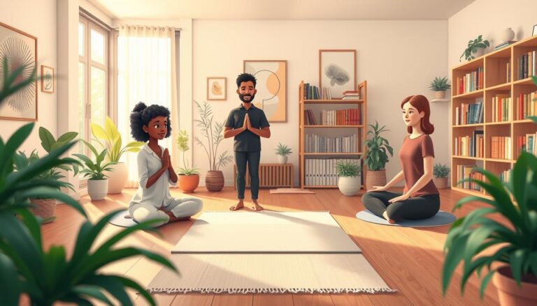 A diverse group practicing mindfulness in a calm studio space